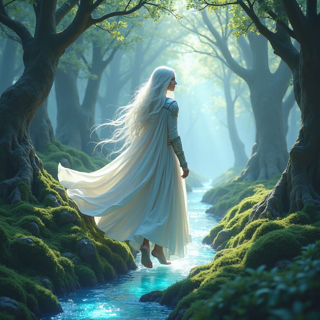 Elara in White Armor Glides Through Mystical Eldoria