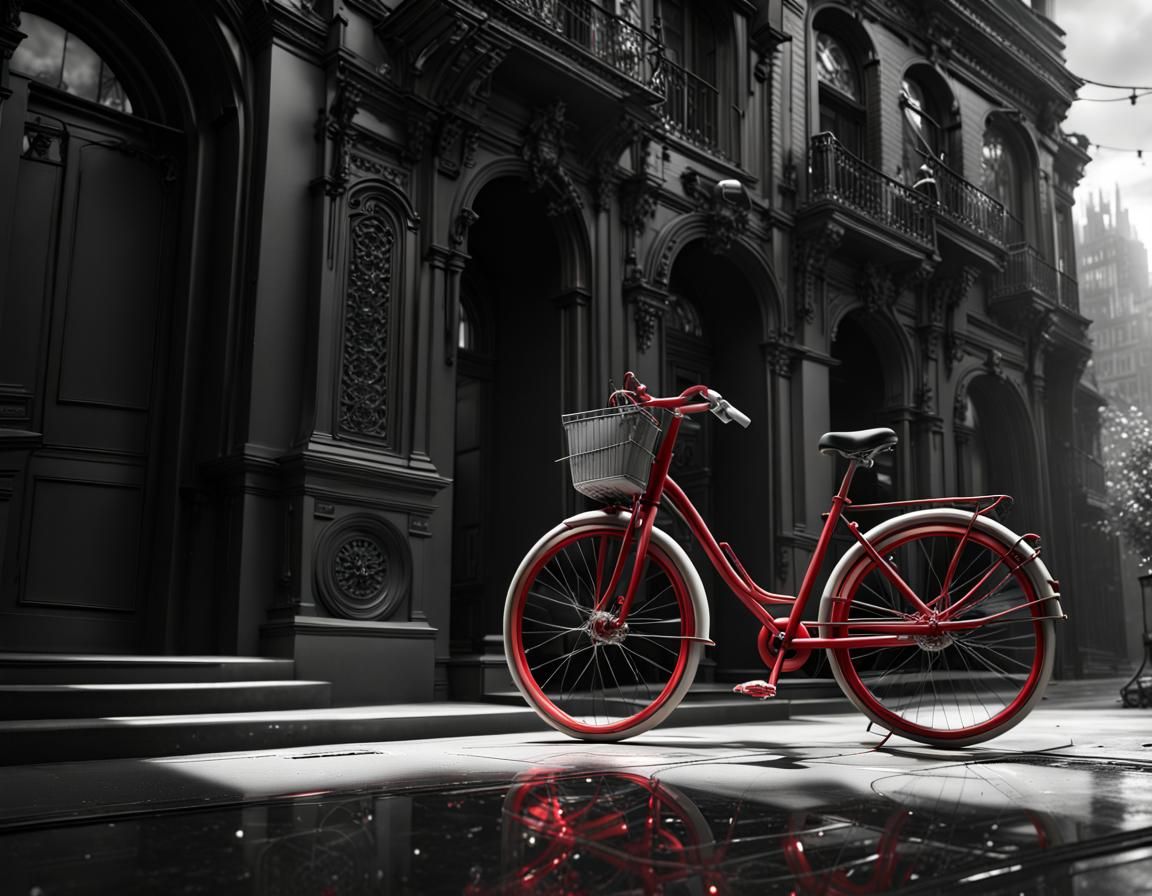 Cityscape with Crimson Bicycle in Black and White