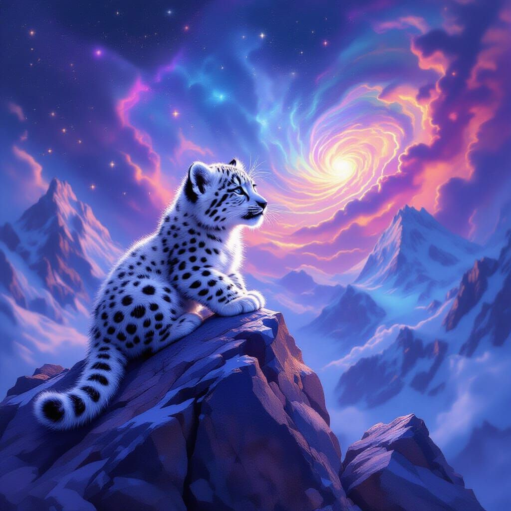 Snow Leopard Cub Gazing at Cosmic Nebulae
