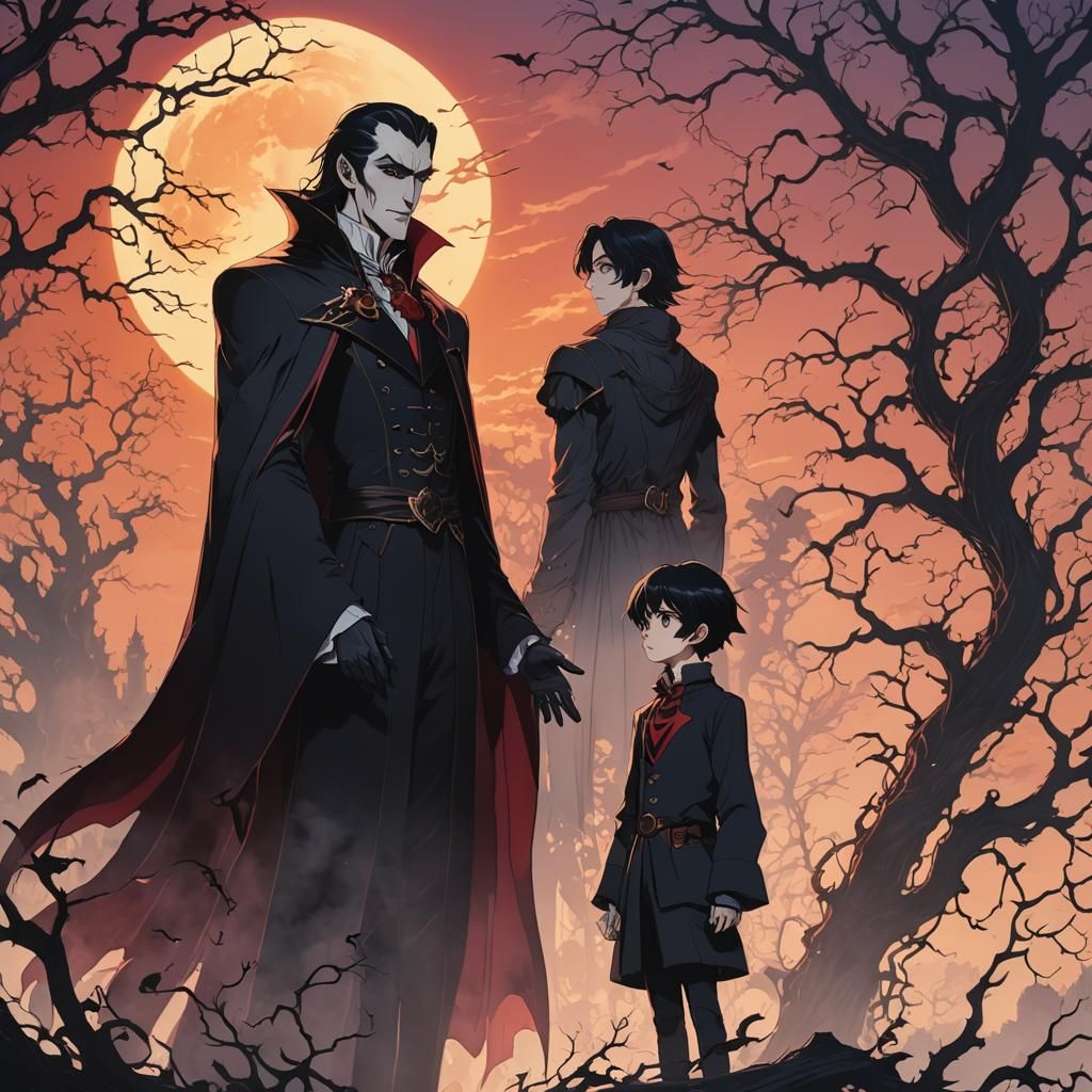 Dracula and Son in Sunset, Gothic Anime Style