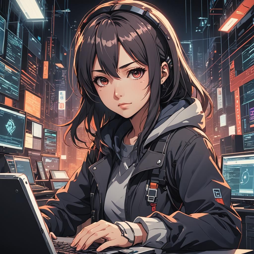 Anime Girl Hacker in Cel-Shaded Style
