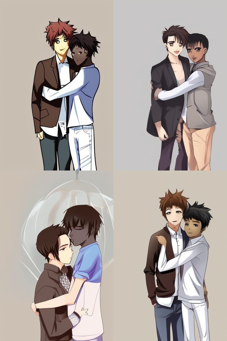gay, LGBT, two men, cute, Anime yaoi Couple, style of Tarabagani, Brown skin