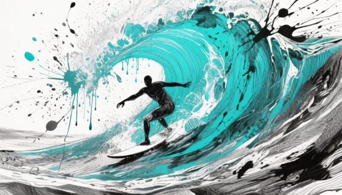 Surfer in Turquoise Wave: Abstract Mixed-Media Art
