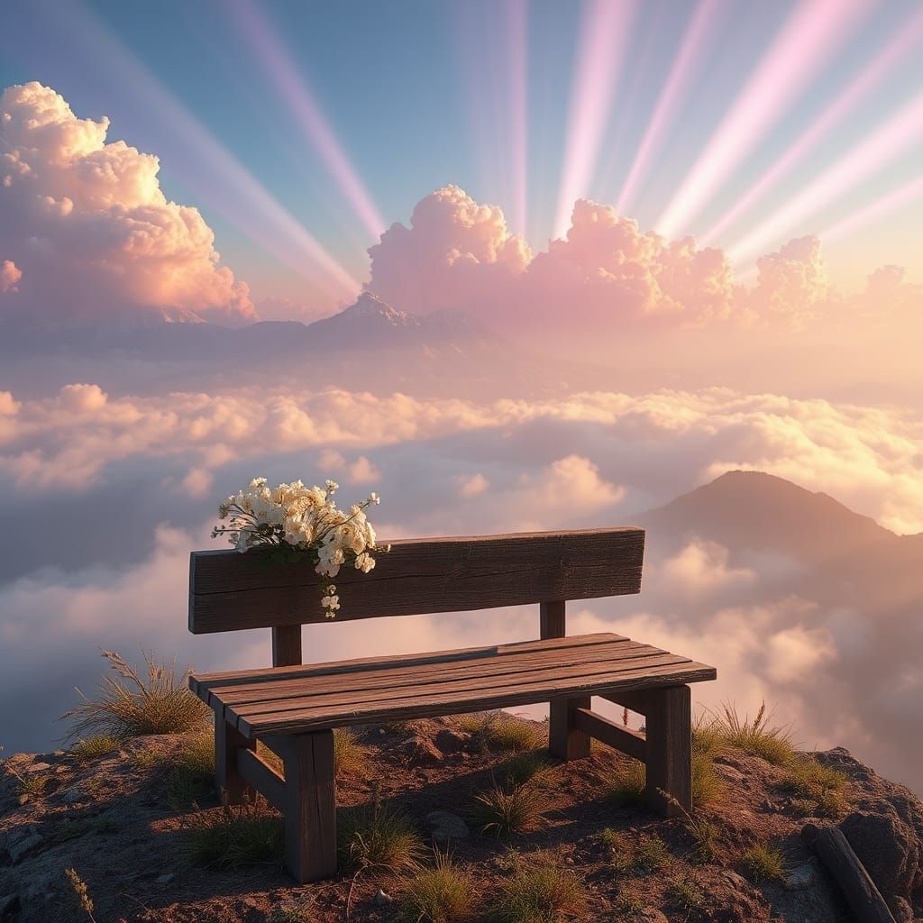 Mountain Bench with Iridescent Sunbeams, Fantasy Matte Paint...