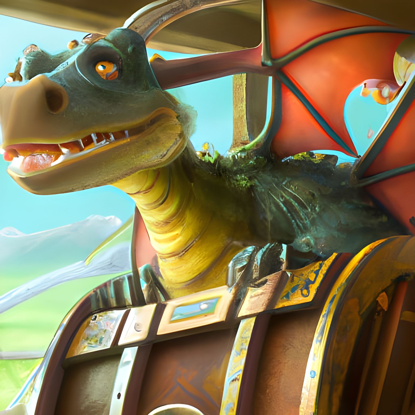 Adorable Dragon in Wagon, 3D Render