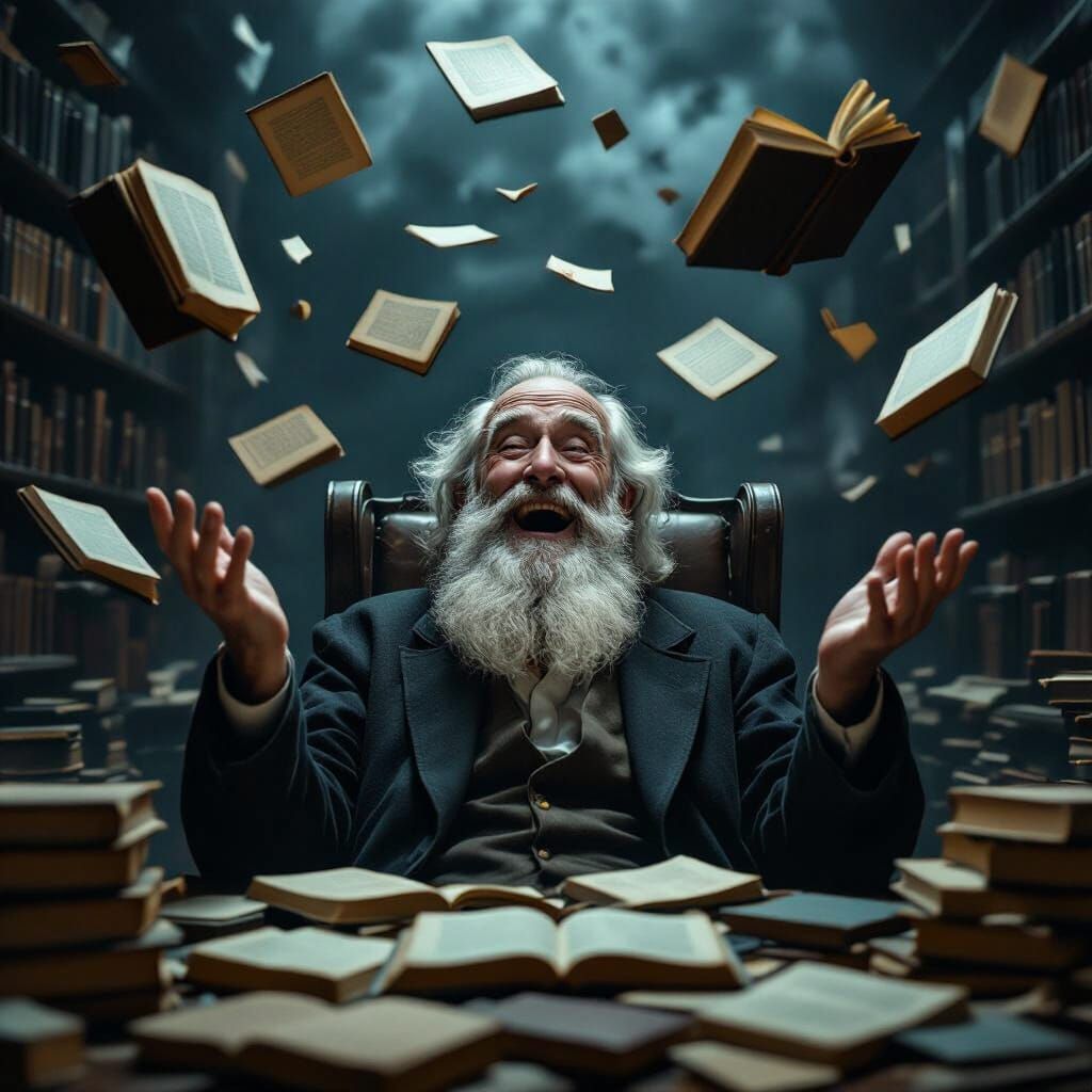 Old Man Tosses Books in Ancient Library Cinematic Style