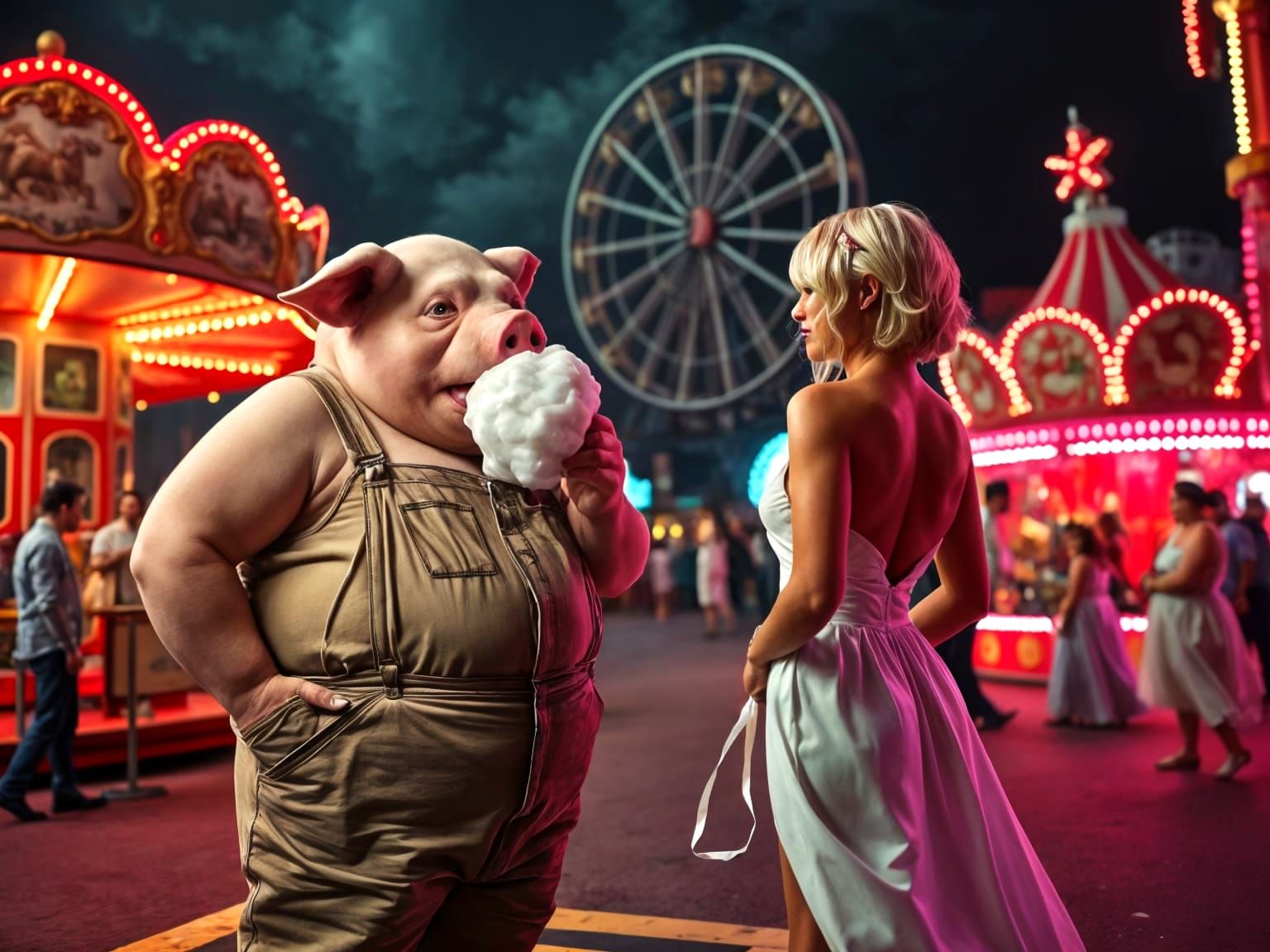 Surreal Pig-Headed Man at Fairground in Photorealistic Style