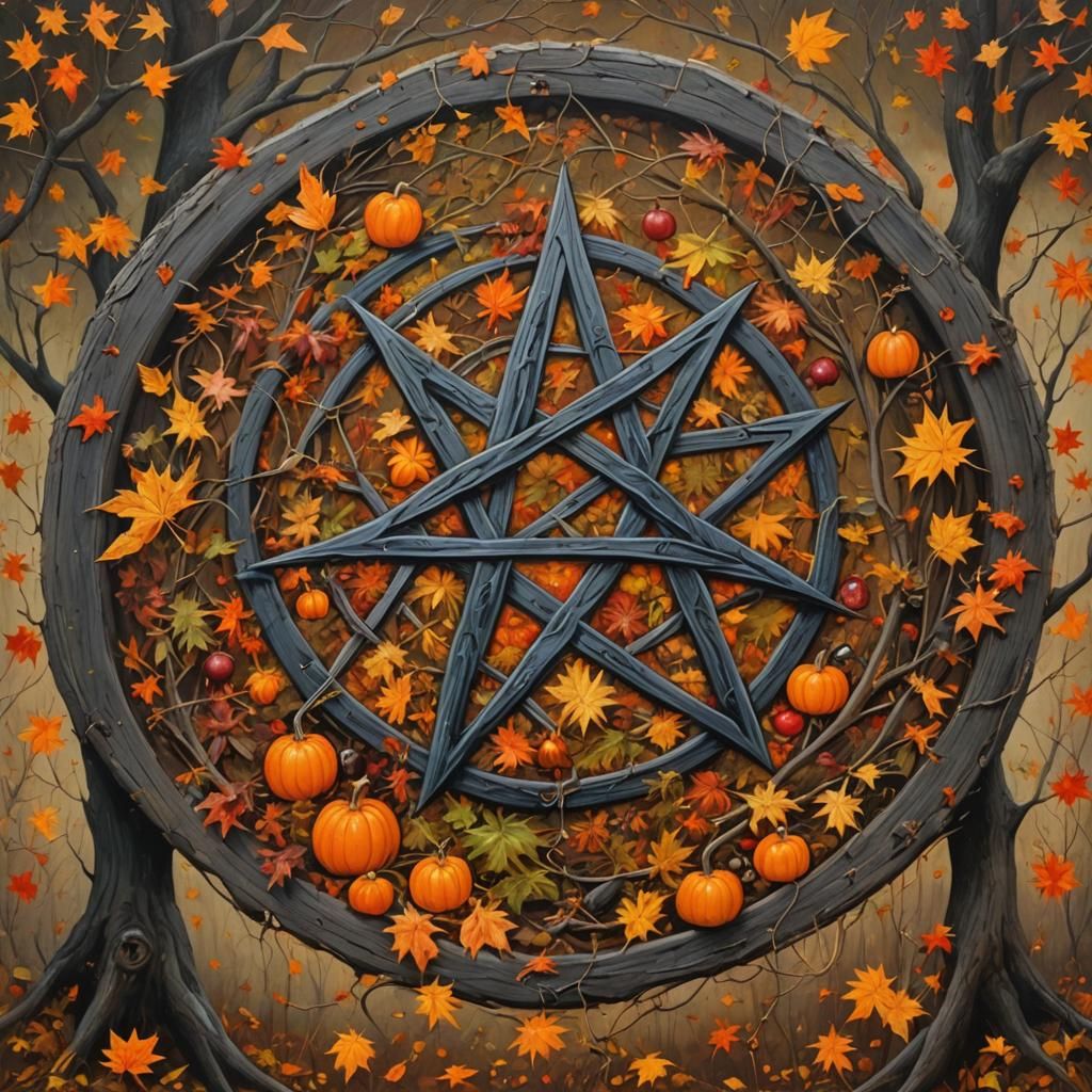 Autumn Folk Art Witchcraft Scene in Oil Painting Style