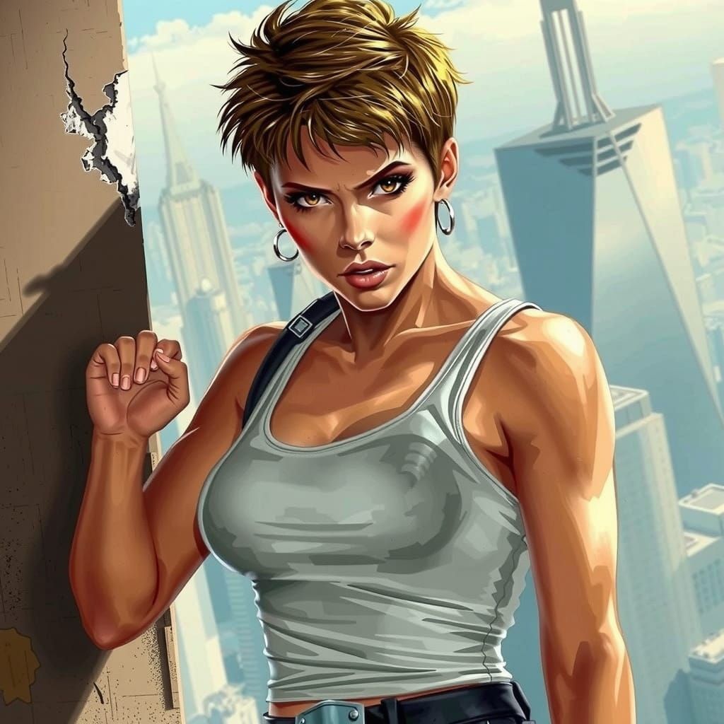 Detective John McClane in Die Hard as a beautiful feminine woman white tank top