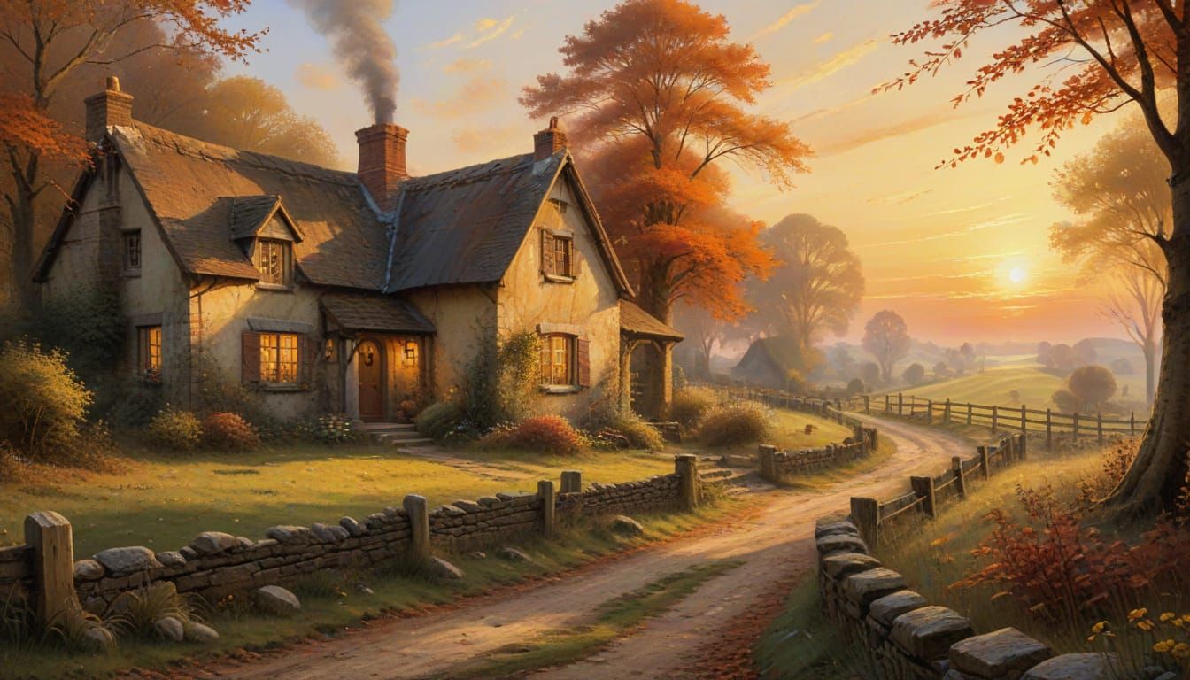 Warm Country Cottage Amidst Vibrant Fall Colors in Sunset Gl...