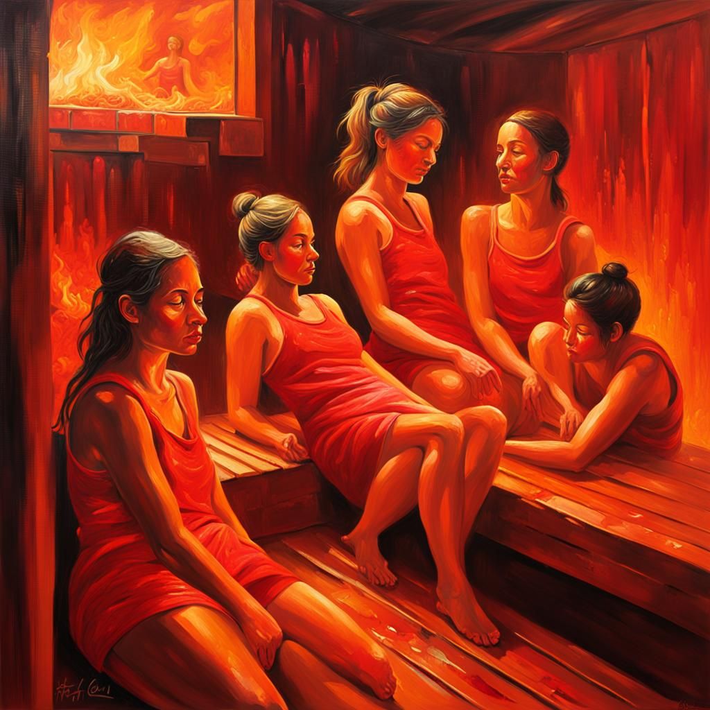 Sensual Sauna Scene in Vibrant Oil Painting