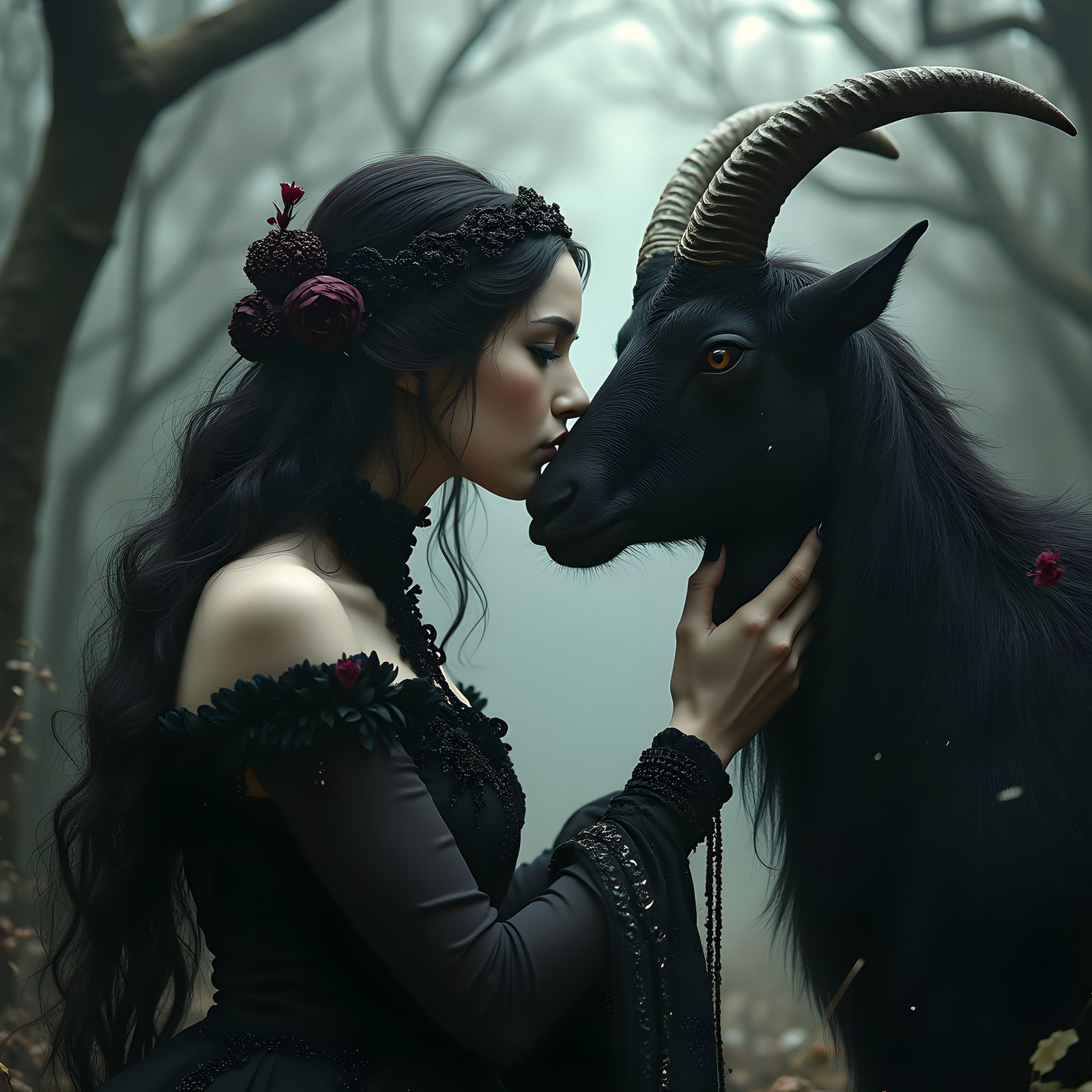 Gothic Woman Kisses Goat in Surreal Fantasy Art