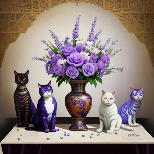 Surreal Vase of Roses with Egyptian Cats