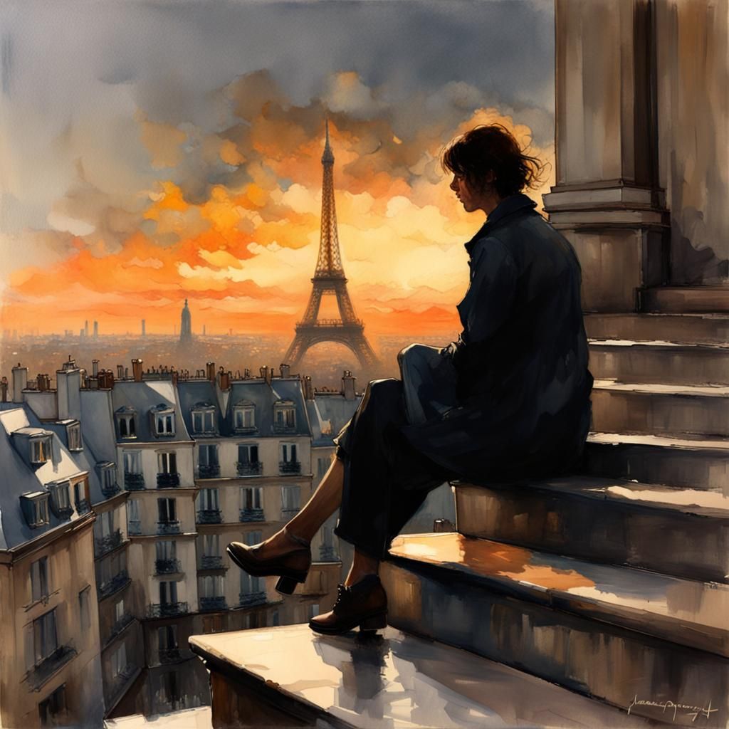 Paris Sunset Watercolor Painting in Jeremy Mann Style