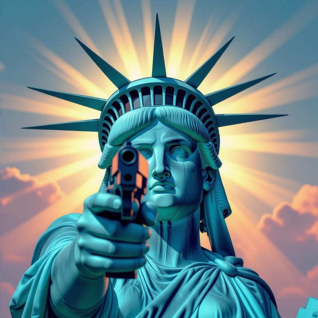 Glock Points at Statue of Liberty - Dramatic Digital Art
