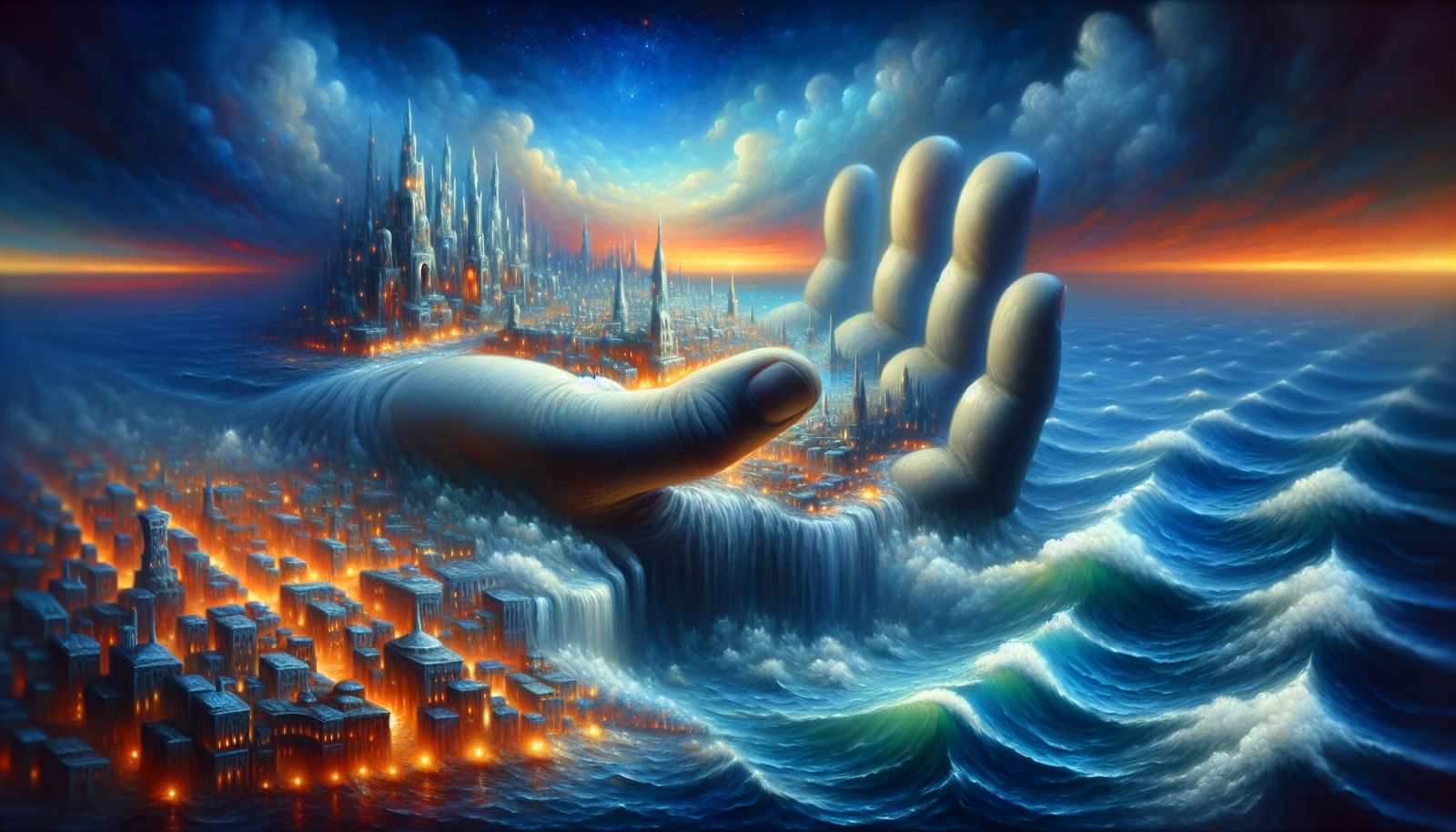 Monumental Hand Holds Miniature City: Surreal Oil Painting