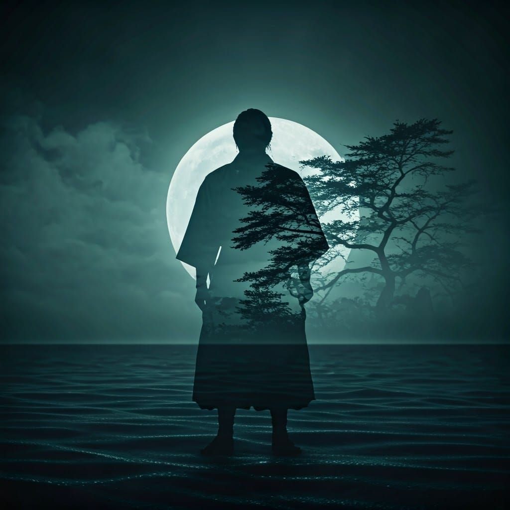 Samurai in a Haunting Double Exposure Scene
