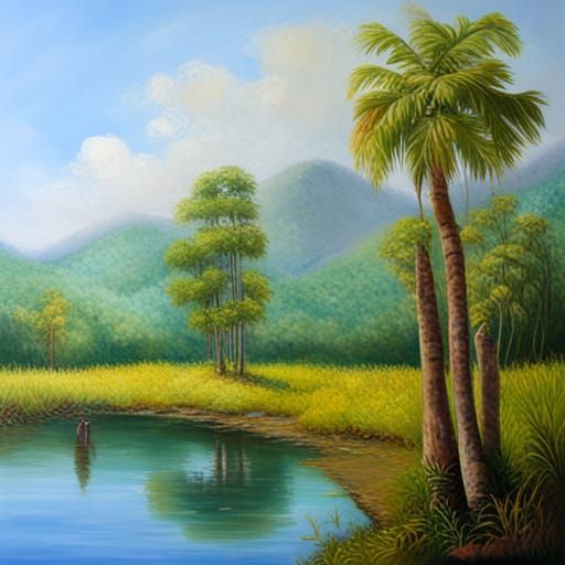Lush Jungle Landscape with Women, as Oil Painting