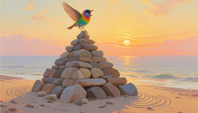 Bird Dances Atop Stone Pyramid During Golden Hour Sunset