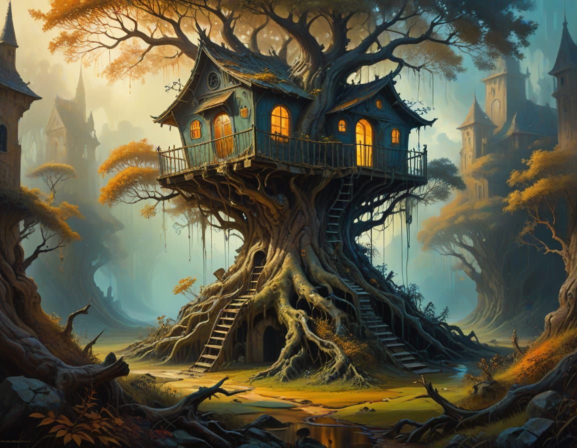 Dreamlike Tree House Scene in Vibrant Oil Painting Style