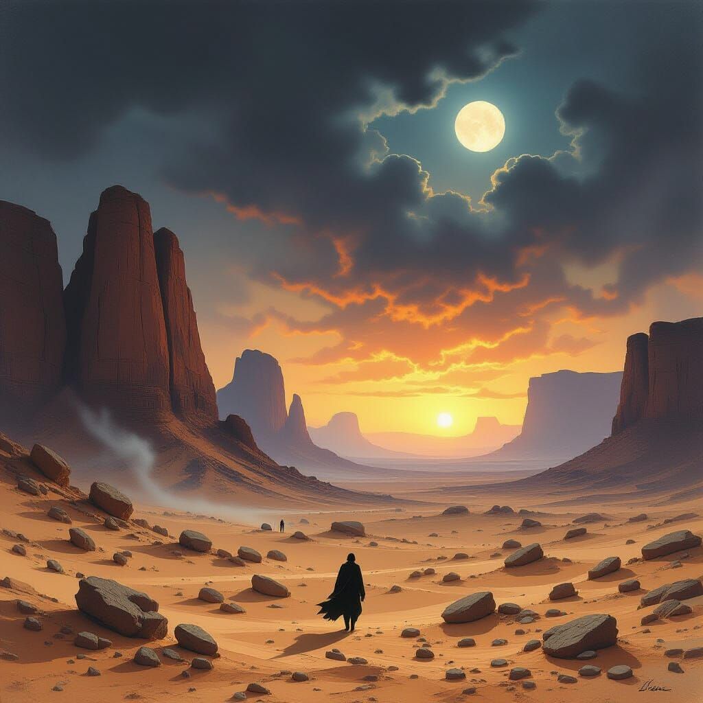 Ominous Desert Landscape in Haunting Dystopian Style