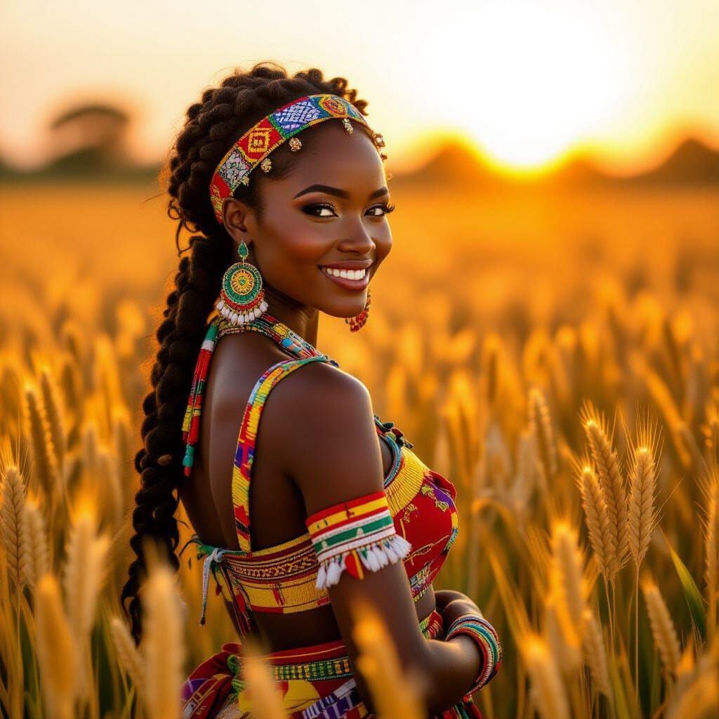 Zambian Woman in Golden Wheat Field at Sunset