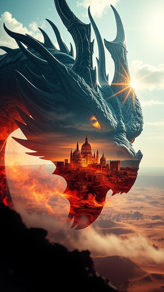 Dragon Silhouette with Burning City in Digital Art Style