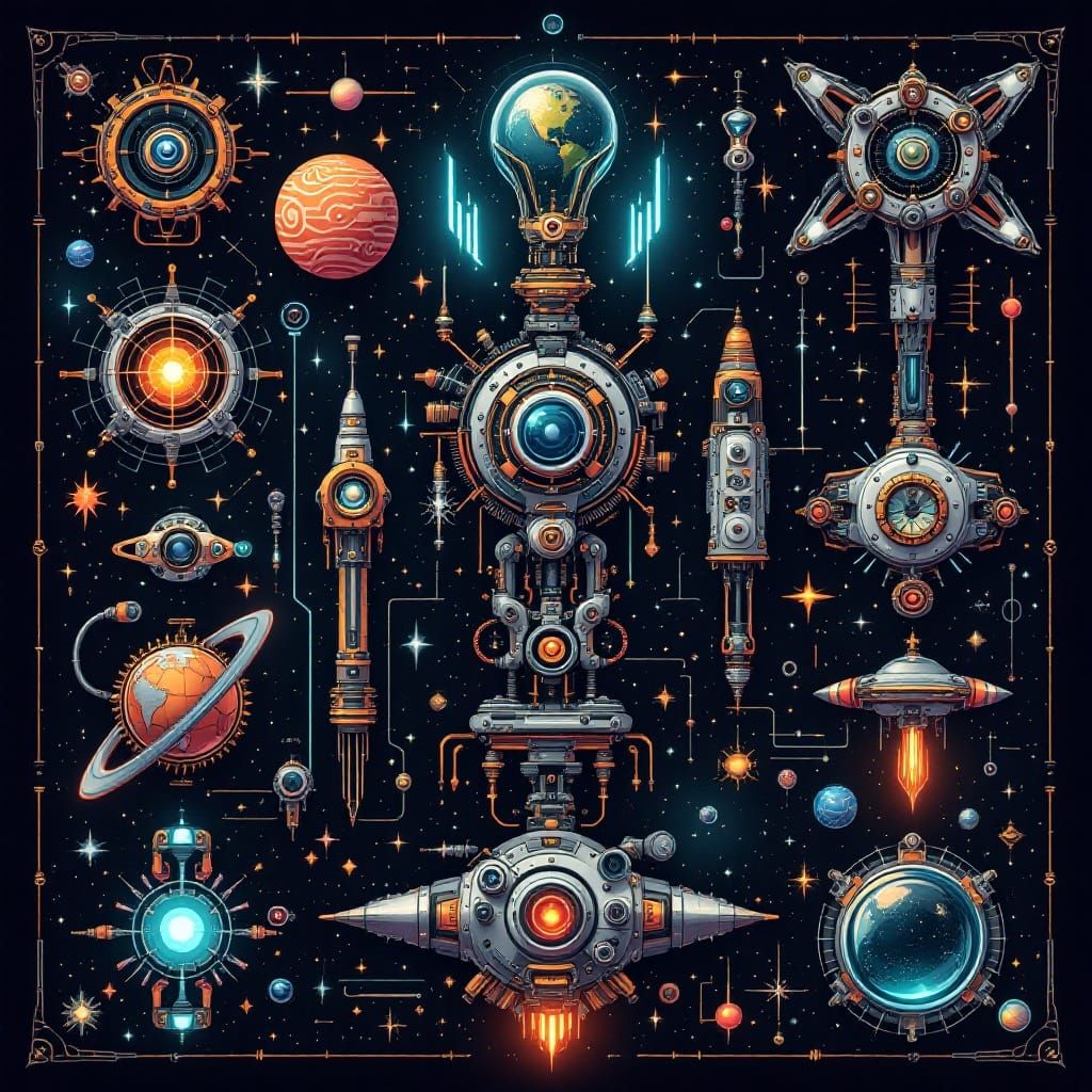 Retro-Futuristic Cosmic Mechano Set Design