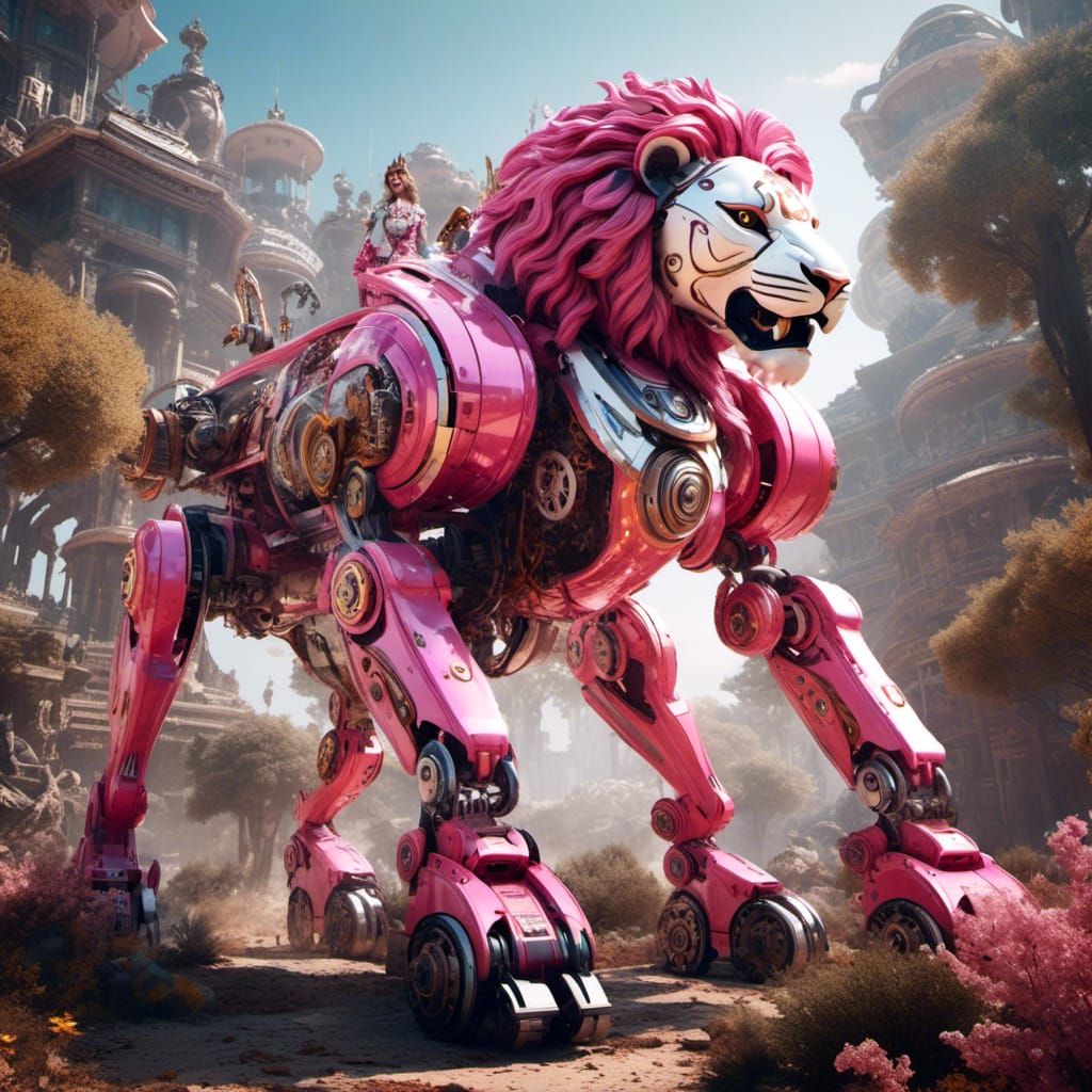 Pink Lion Zord Mech in Dynamic Action