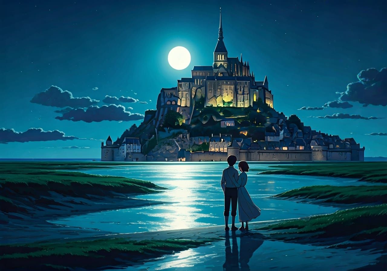 Romantic Moonlit Night at Mont Saint-Michel, Ghibli Style