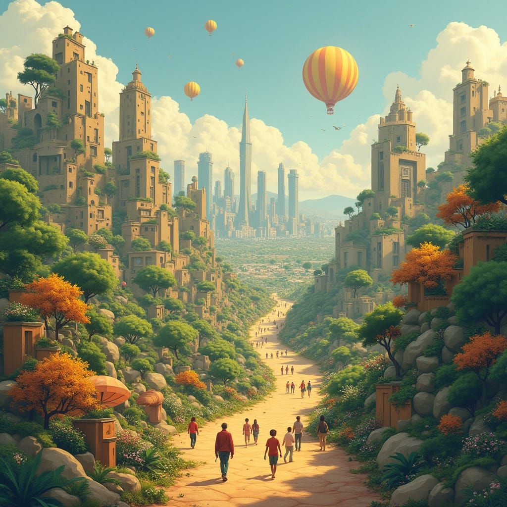 Idyllic Futuristic Utopia with Harmonious Cultures