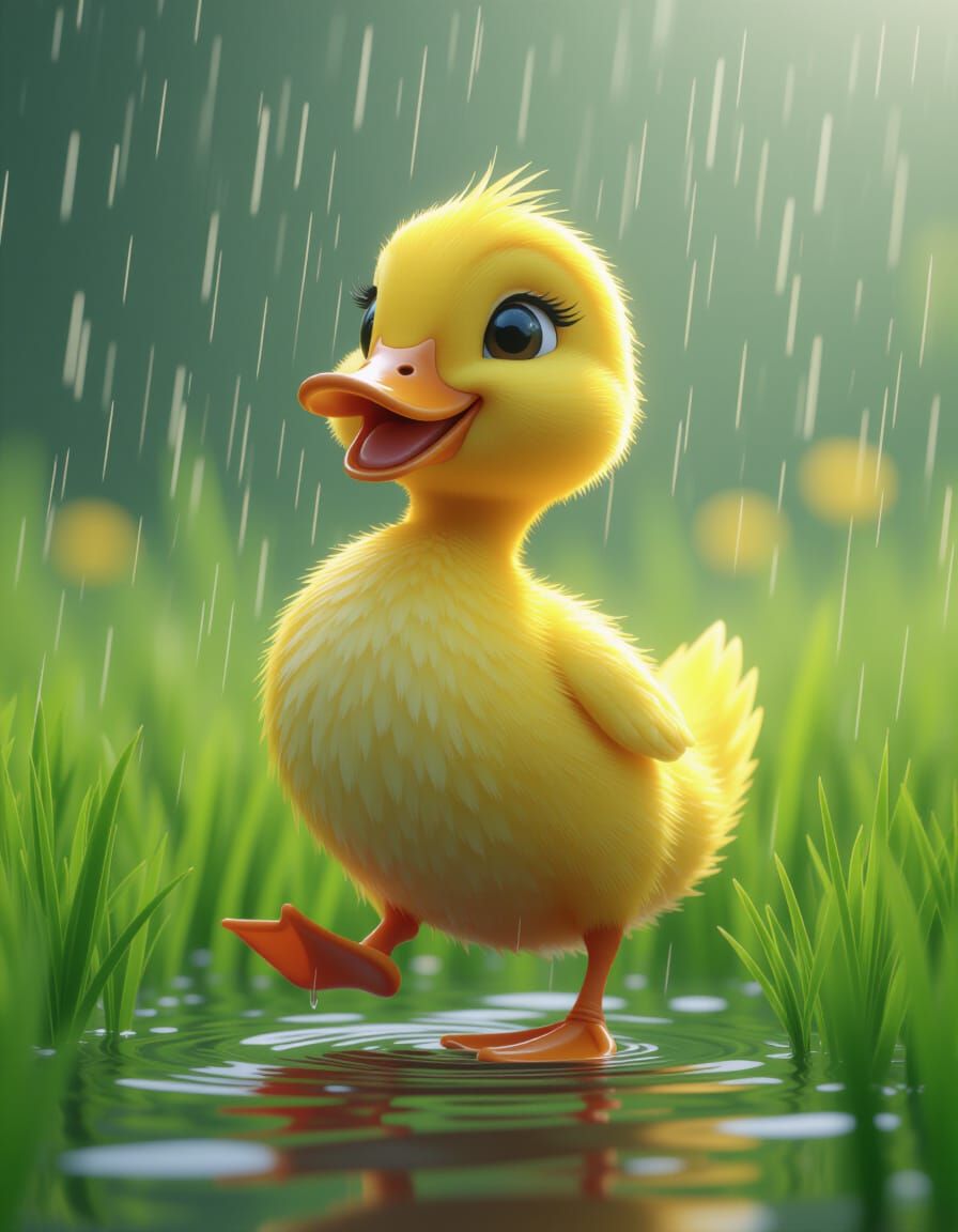 Yellow Duck Dancing in Rainy Field