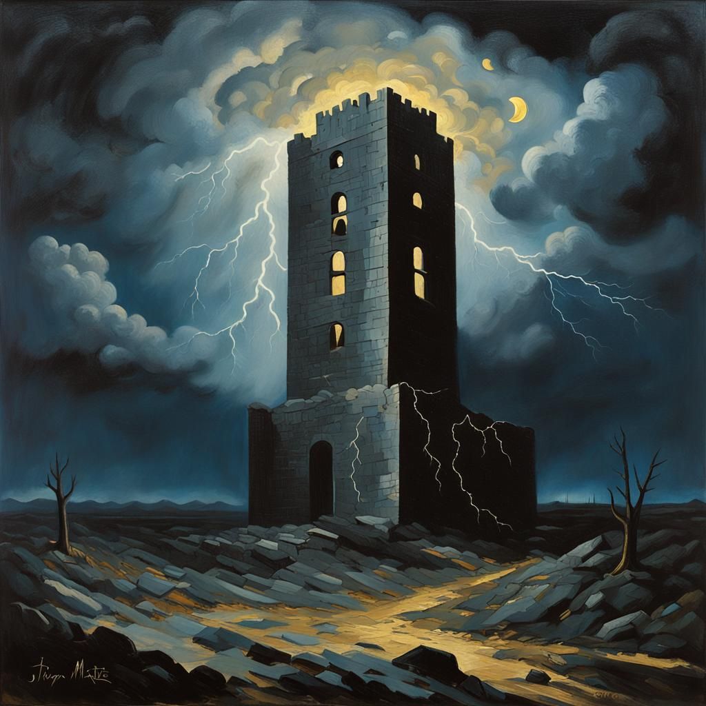 Lightning Strikes Tower in Magritte Style Painting