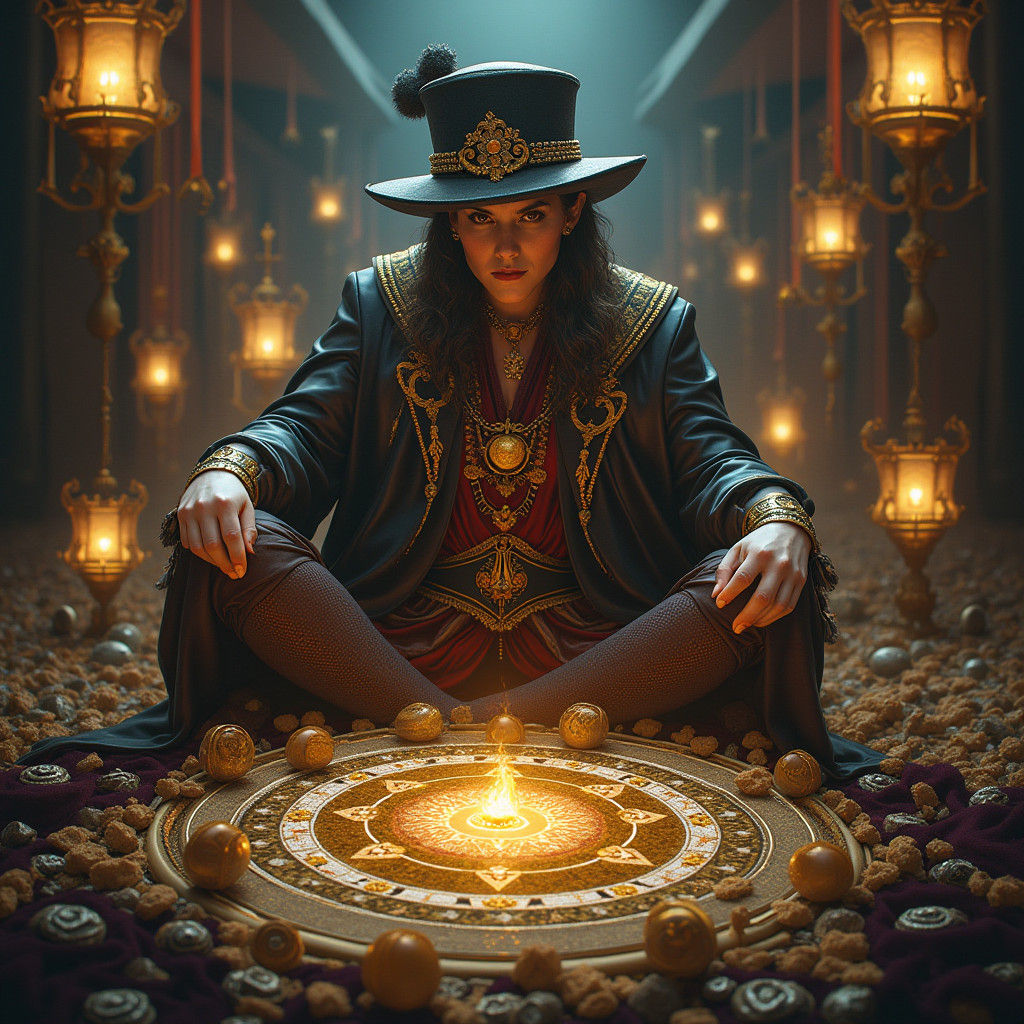 Fortune Teller with Pentacles in Mystical Setting