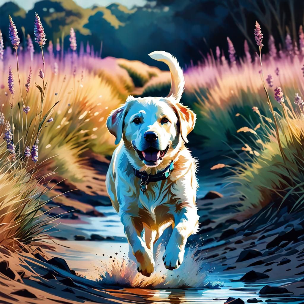 Labrador Puppy Running at Sunset in Watercolour Illustration