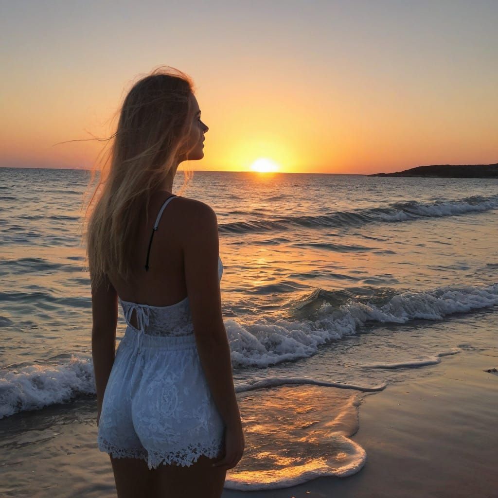 Sensual Woman Basks in Sunset Glow on Beach in Bikini