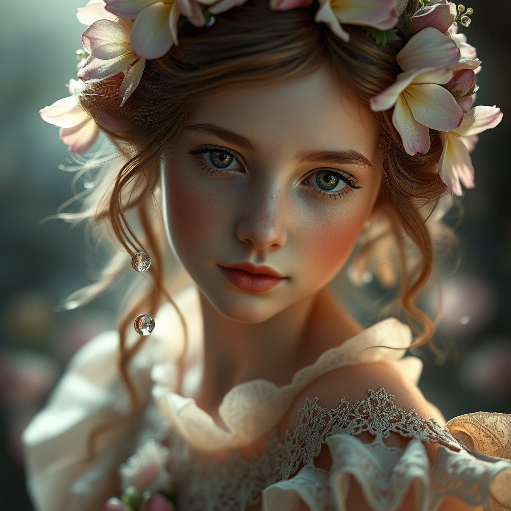 Enchanting Flower Girl Portrait in Art Nouveau Style