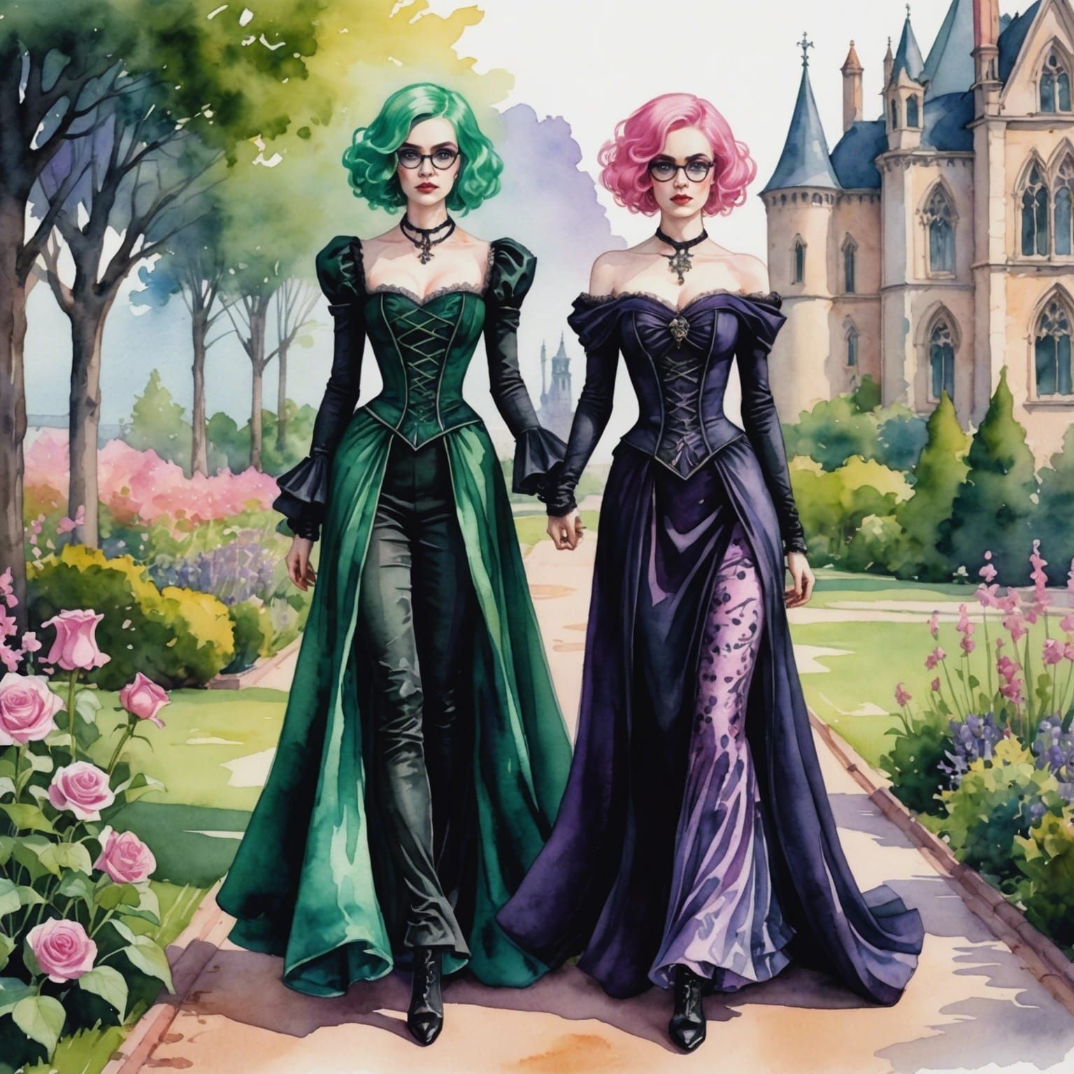 Gothic Women Stroll Through Garden in Watercolor