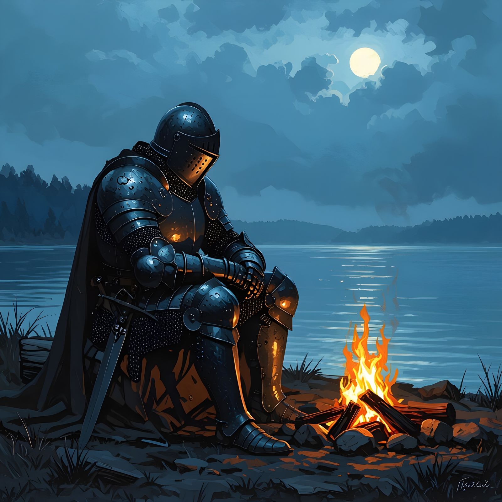 Melancholic Knight by Overcast Lake in Dark Fantasy