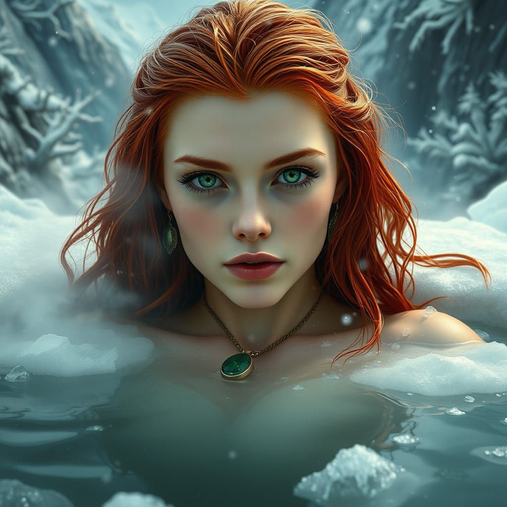 Ethereal Norse Goddess Basks in Serene Winter Oasis