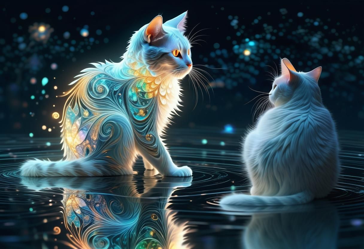Luminous Cat Gazing at Reflection: Ethereal Digital Art