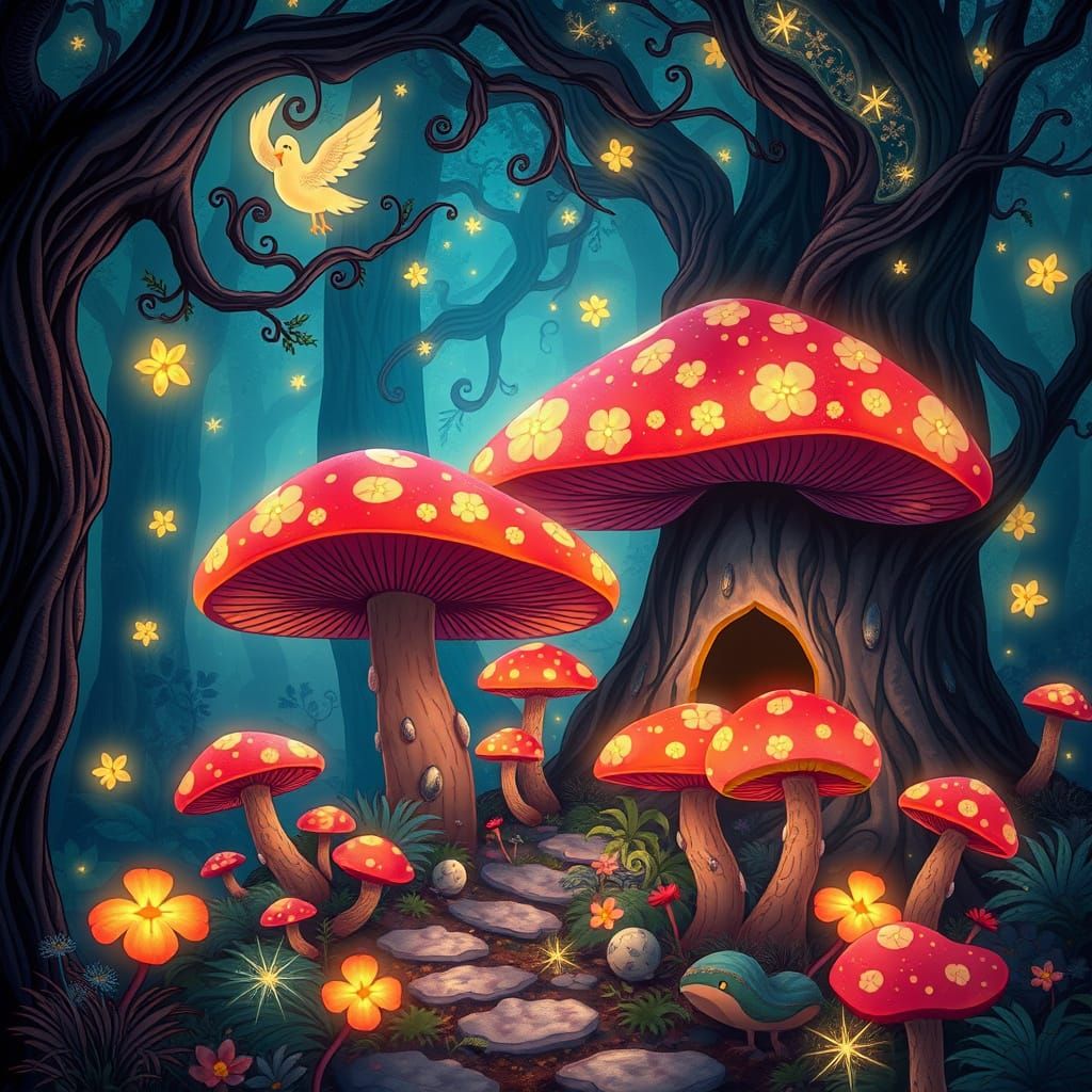 Mystical Forest Scene with Glowing Mushrooms