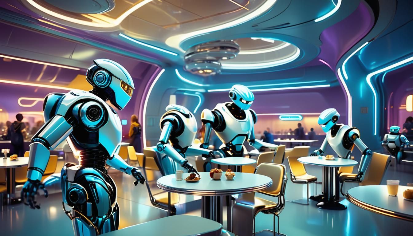 Retro Futuristic Lunchroom with Robots