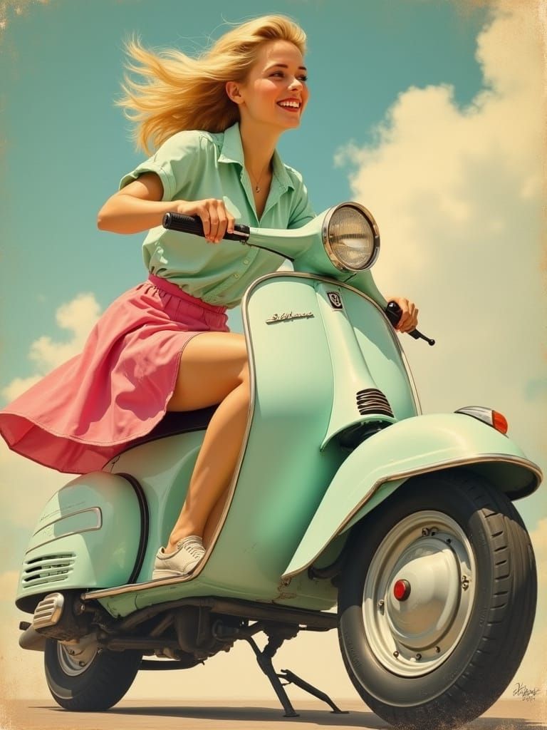 1950s Pinup Woman Riding Scooter in Pink Skirt
