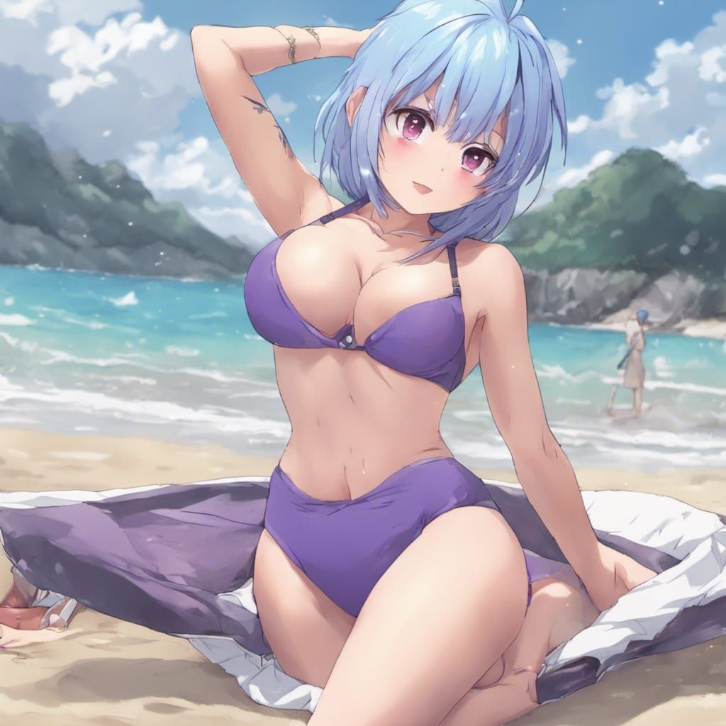 Anime Beach Beauty with Blue Hair