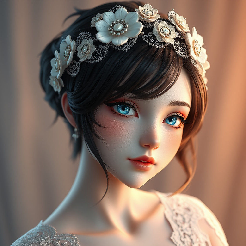 Woman with Beaded Flower Crown in Anime Style