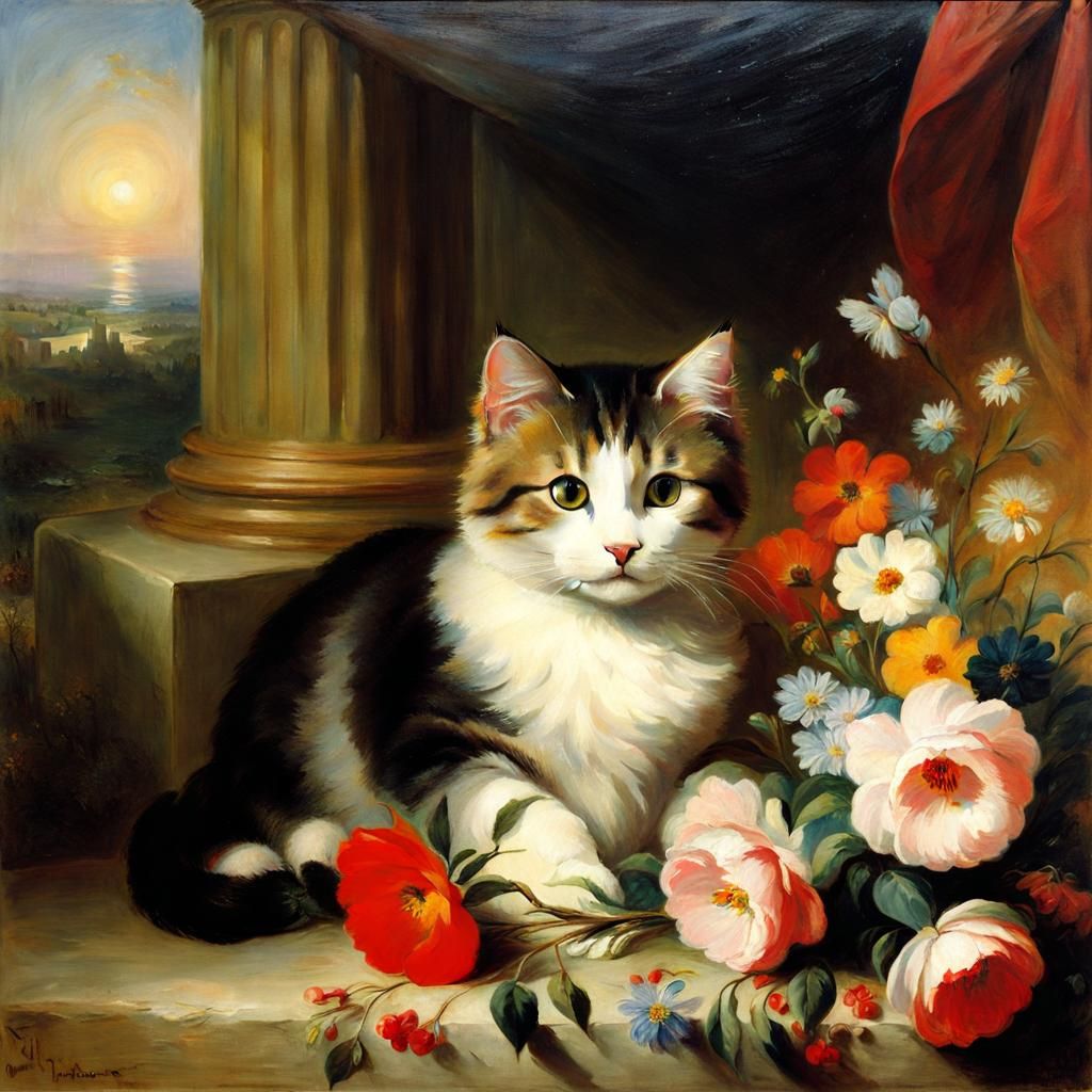 Cat Surrounded by Flowers in Romantic Style