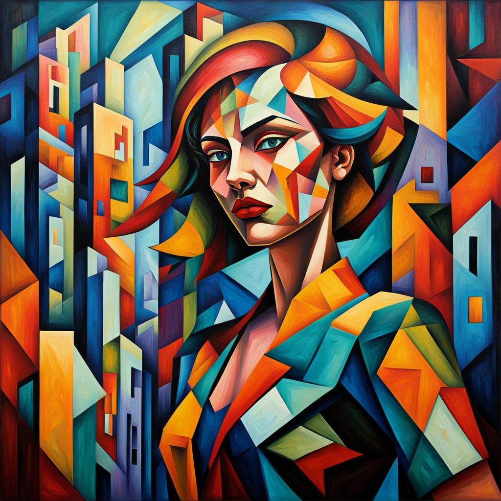 Vibrant Neo-Cubist Woman in Futuristic Cityscape
