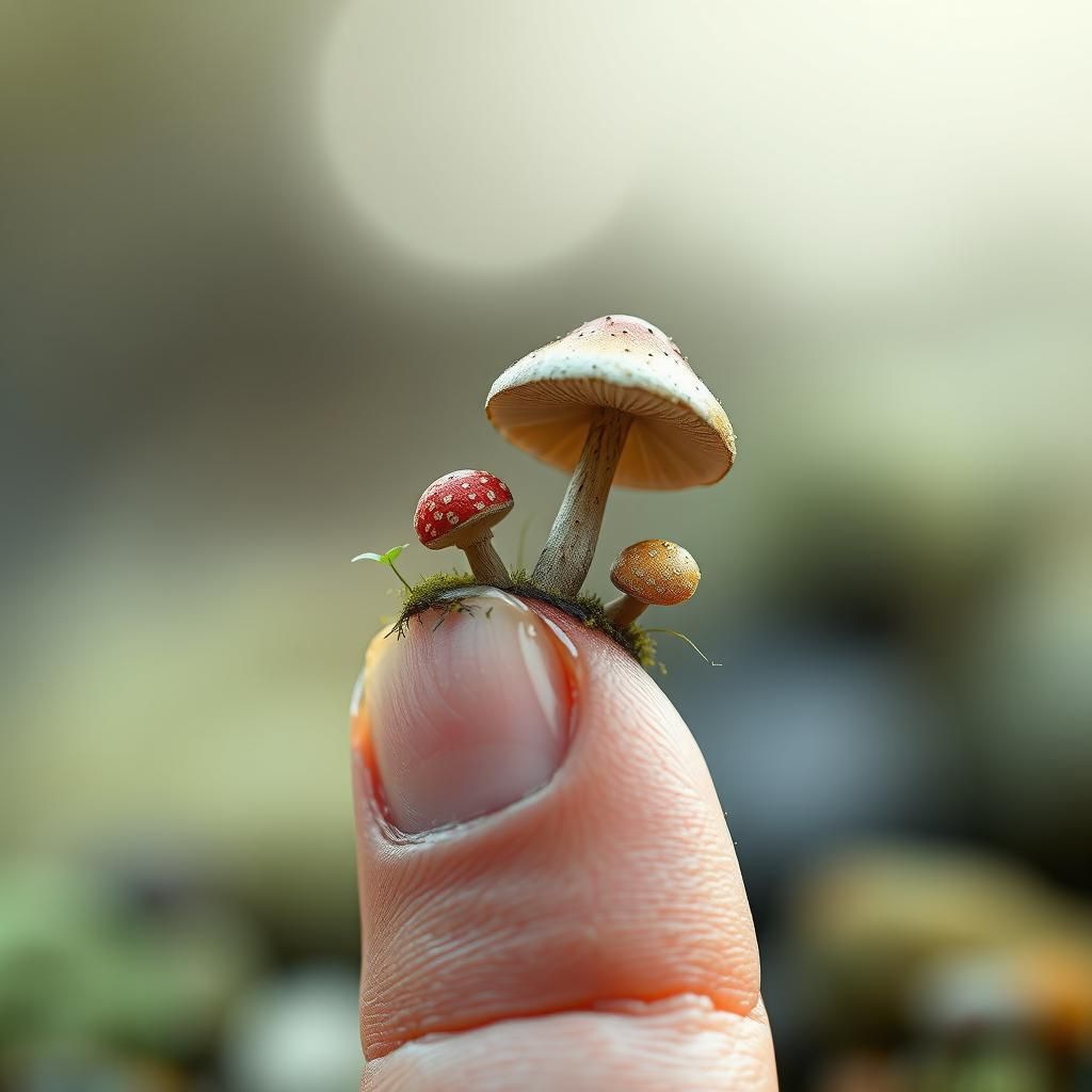 Miniature Mushroom on Fingertip in Detailed 3D Rendering