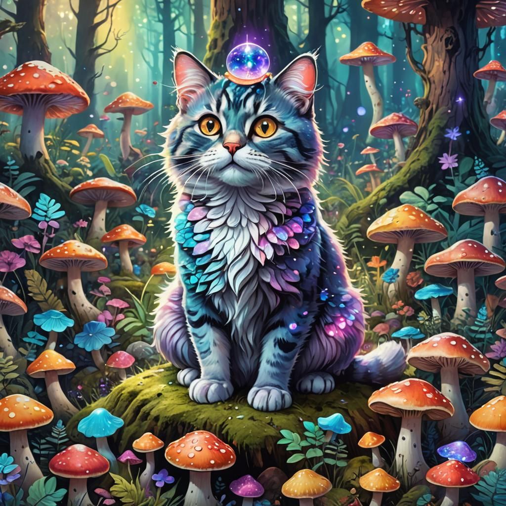 Cosmic Cat on Psychedelic Mushrooms, Astral Illustration